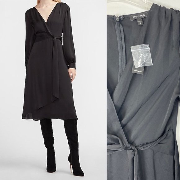 Express Dresses & Skirts - Express Women's Dress Small Petite Black Satin Twist Front Midi Long Sleeve New